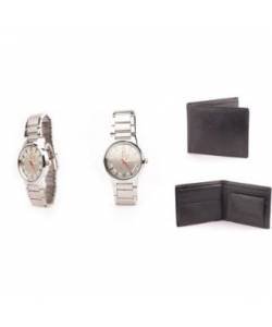 Fidato Leather wallet + men's steel watch silver dial